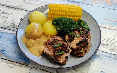 Mørbradbøffer med fyld af champignon
