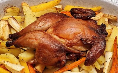 Poussiner i ovnen med rodfrugter